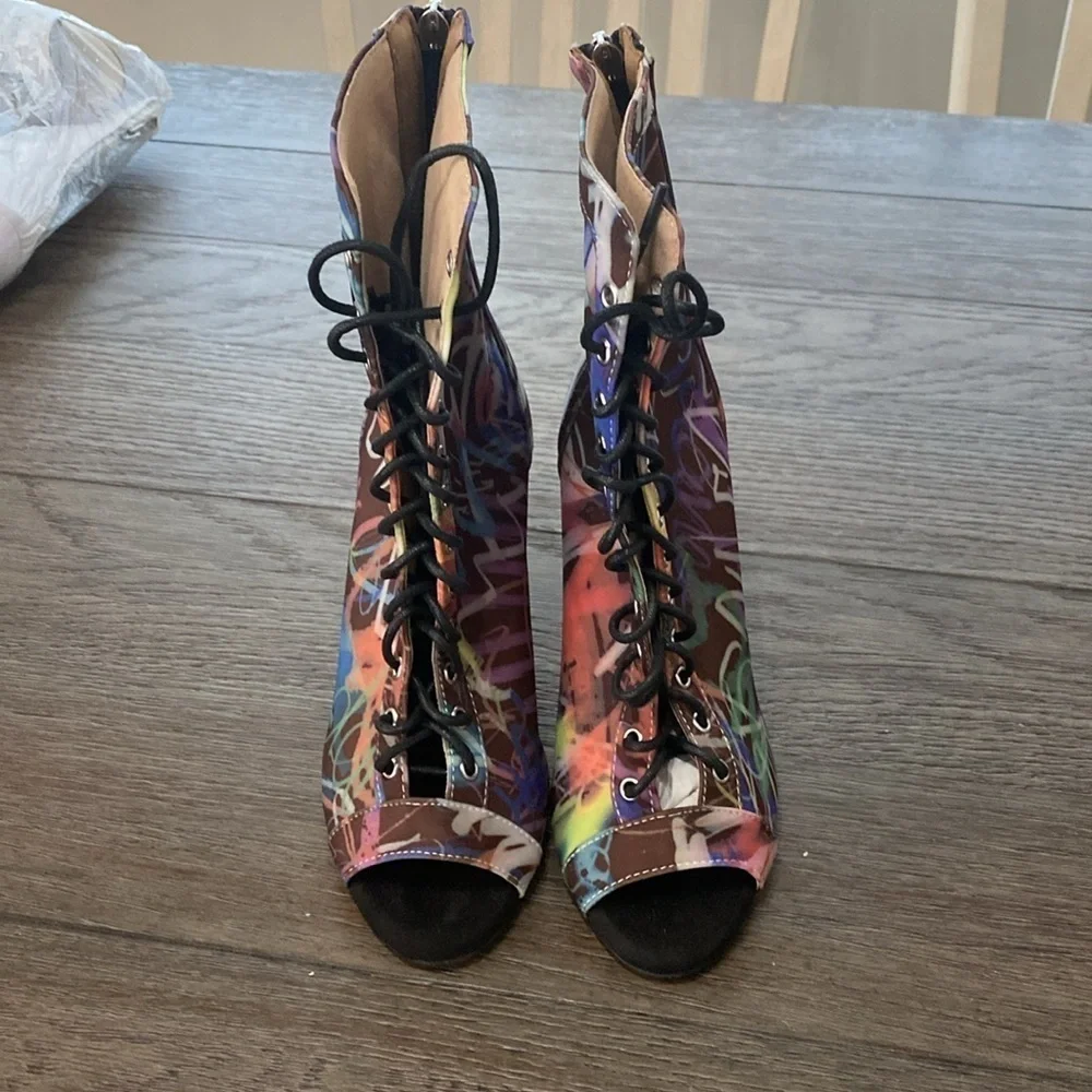 NWT BURJU Sofiya graphic multi color Open Toe Lace Up Ankle Boots | 6 1/2 - Picture 4 of 12